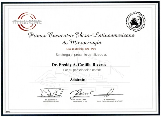 Certificado de asistente a encuentro ibero latinoamericano de cirugía plástica del Dr Freddy Castillo