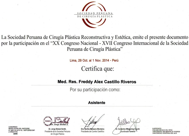 Participación en congreso internacional de la Sociedad Peruana de Cirugía Plástica del Dr Freddy Castillo