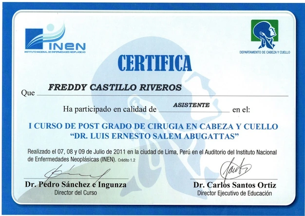 Certificado de postgrado en cirugía de cabeza y cuello del Dr Freddy Castillo