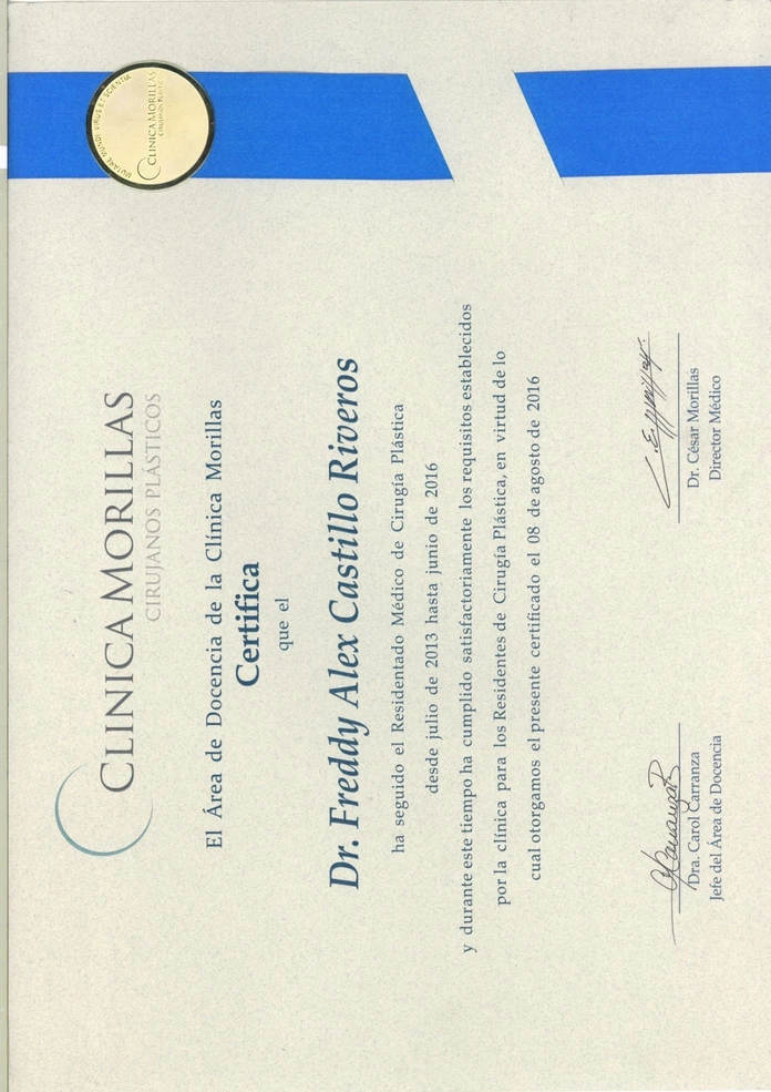 Certificado de residentado médico en cirugía del Dr Freddy Castillo